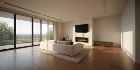 Obraz premium Modern living space featuring hardwood flooring and a fireplace, emphasizing interior warmth and contemporary style
