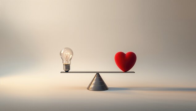 Heart and light bulb balanced on a scale, illustrating cognitive focus versus emotional influence, World Mental Health Day