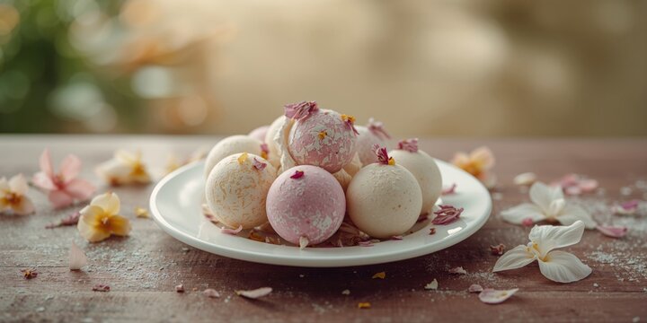 Selection of colorful bath bombs on a plate, suitable for personal care routines and wellness - Powered by Adobe