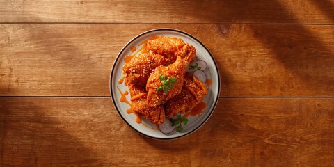 Chicken wing with garlic sauce served on a rustic wooden surface, Asian cuisine featuring kimchi and pickled radish, food hygiene emphasis