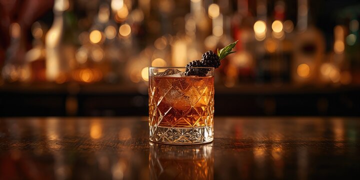 Blackberry garnished whiskey sour served in a craft bar, focusing on fruit decoration, New England setting