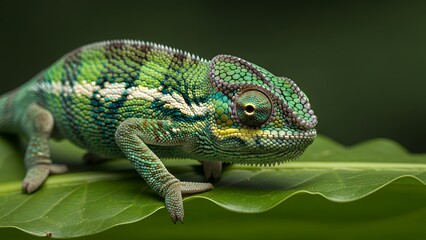 Obraz premium Vibrant Green Chameleon Macro Photography: Detailed Reptile on a Leaf with Intricate Skin Patterns and Captivating Eyes.