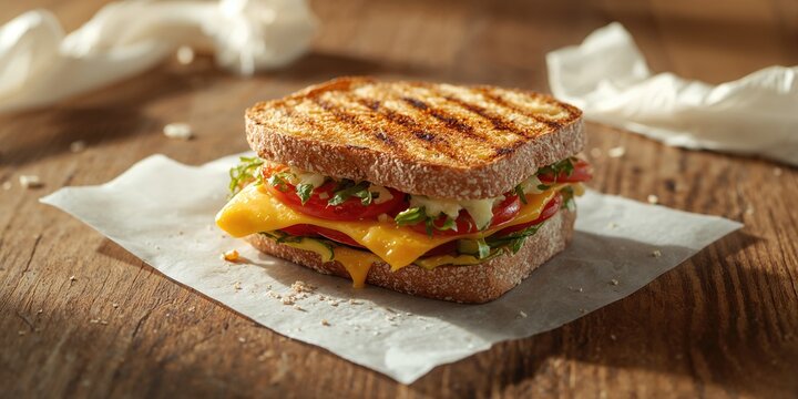 Toasted sandwich with golden bread and cheese filling, serving as a convenient lunch or snack, no special occasion