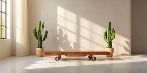 Living room featuring a movable wooden table and two cacti, highlighting space organization