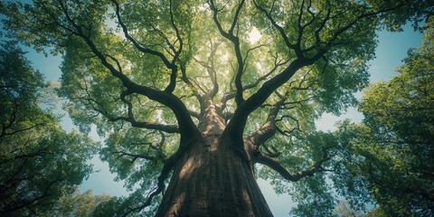 Fototapeta premium Large mahogany timber seen from beneath with clear sky in background, focusing on wood's grain and size, Earth Day
