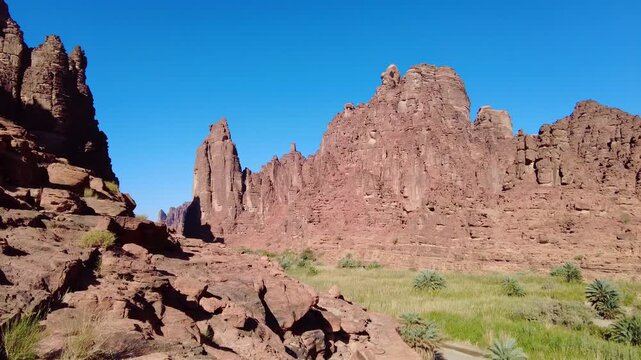 Al-Disah, Saudi Arabia: Panoramic footage of the stunning wadi Al-Disah canyon famous for its red rock and palm tree near Tabuk in the desert of Saudi Arabia. 