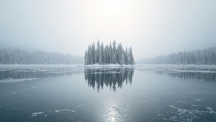 Ice-covered water body with reflected trees, winter scene suitable for nature backgrounds