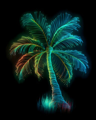 Abstract Neon Palm Tree with Radiant Gradient Light Trails on Black