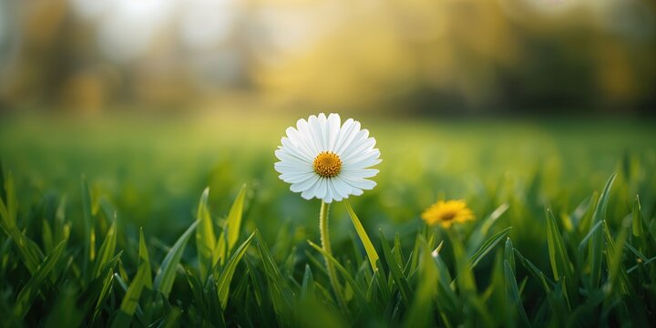 White Erigeron flower macro shot against vibrant natural setting, suitable for botanical research or educational use