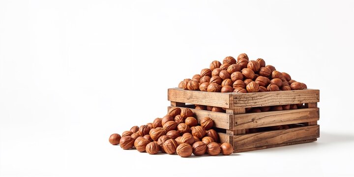 Raw hazelnut filbert on a rustic wooden crate, suitable for food packaging or inventory