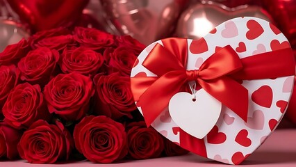 Close-up of a heart-shaped gift box with red ribbon and white heart tag, surrounded by red roses and heart-patterned background.