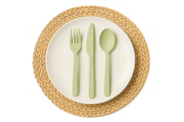 Table setting a single plate with pale green cutlery on a woven placemat, ready for dining, transparent background, top view