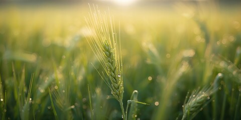 Obraz premium Close-up of fresh green wheat ears in a warm season field, highlighting crop development, World Food Day