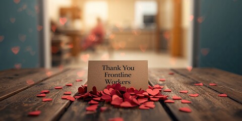 Healthcare professionals with small handmade paper hearts, symbolizing gratitude and solidarity, during health awareness month