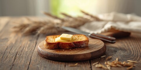 Toasted bread with butter served on a wooden board, suitable for breakfast or snack preparation