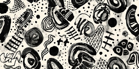 Hand drawn geometric pattern featuring grunge swirled brush strokes and curly lines, ideal for layout backgrounds