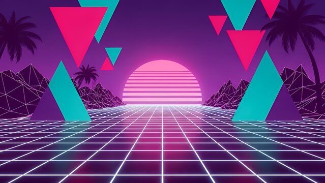 Vibrant Synthwave Retrowave 80s Aesthetic Digital Art Background, Neon Grid, Sunset, Palm Trees Landscape. - Powered by Adobe