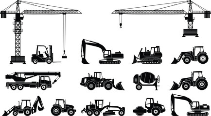 Construction equipment silhouette collection, tower cranes, excavators, bulldozers, forklifts, loaders, trucks, tractors, road machinery, heavy industrial vehicles, vector set © imtiyaj