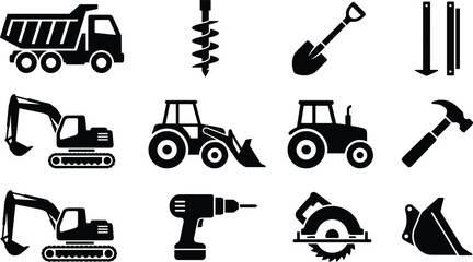 Construction equipment silhouettes icon set, excavator tractor tools vehicles collection, industrial building machinery symbols isolated on white background vector © imtiyaj
