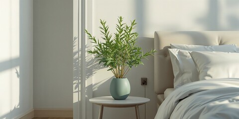 Indoor greenery arrangement with a contemporary lamp on a bedside table, designed for aesthetic enhancement