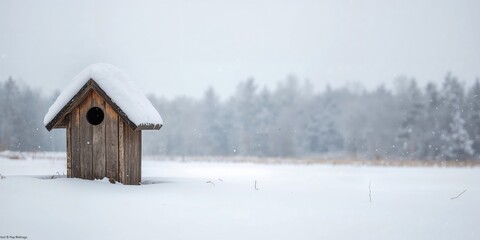 Rustic birdhouse covered in fresh snow during a winter storm, seasonal preservation