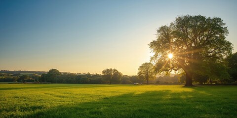 Fototapeta premium Scenic park scene with lush green grass and clear blue evening sky, suitable for outdoor layout backgrounds