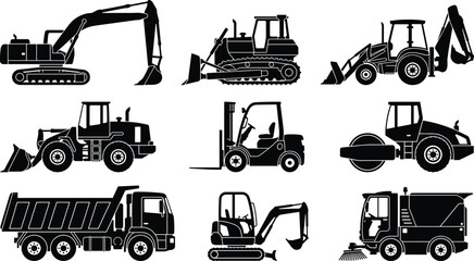Construction machinery silhouette icon set, heavy equipment vehicles collection, excavator bulldozer forklift dump truck, industrial machine vector illustrations © imtiyaj