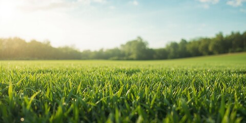 Fototapeta premium Lush grassy landscape with a solid green backdrop, ideal for editorial header backgrounds