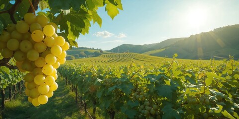Obraz premium Shine Muscat cultivation in Yamanashi Prefecture, showcasing a vineyard during the harvest period, focused on fruit ripening