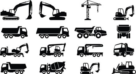 Construction machinery silhouette icon set with excavators, cranes, dump trucks, concrete mixers, heavy industrial vehicles isolated white background © imtiyaj