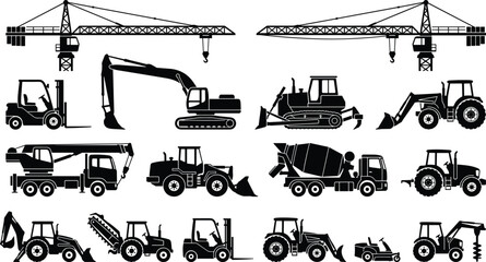 Construction machinery silhouette icons set, tower cranes, excavators, bulldozers, forklifts, loaders, trucks, heavy equipment, industrial vehicles, vector collection © imtiyaj