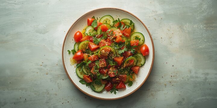 Plate of vegetarian fattoush salad featuring pita bread, fresh vegetables, and tangy lemon-sumac dressing, suitable for healthy eating, World Nutrition Day