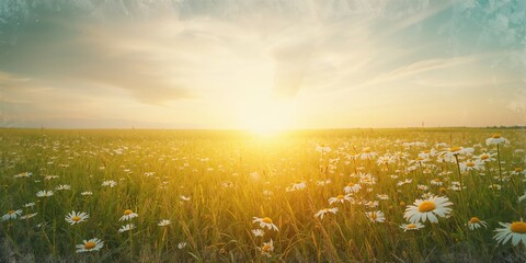Fototapeta premium Grunge-style daisy field at sunset used as background for text or layout design, Nature preservation awareness day