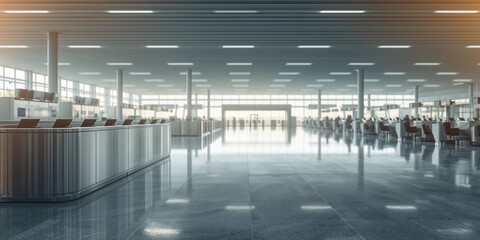 International airport check-in counters with vacant stations, efficiency and passenger flow, no holiday observed