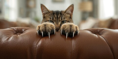 Cat's sharp claws scratching a leather sofa, illustrating pet damage and furniture wear, none