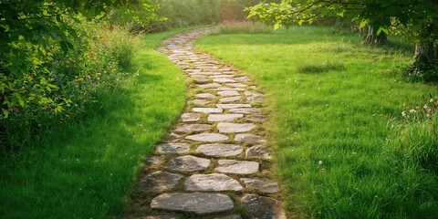 Fototapeta premium Stone garden pathway with natural surroundings, ideal for outdoor relaxation and landscape design