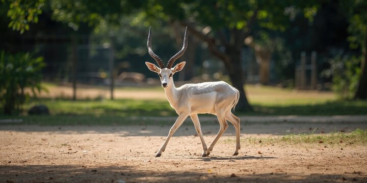 Young male albino blackbuck walking in a zoo, conservation awareness