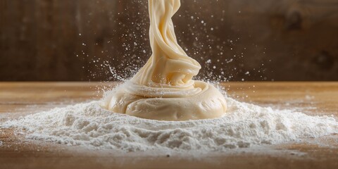 Yeast dough in the process of prep, captured with flour dust, focusing on baking technique, no specific observance