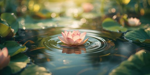 Obraz premium Blurry image of a peach lotus leaf on water surface, suitable for UI or layout backgrounds, Earth Day
