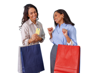 Diverse women celebrating a successful shopping trip with credit card and bags. Transparent background