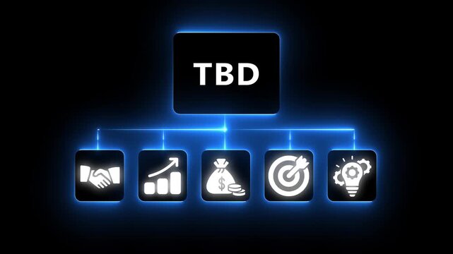 Business concept flowchart with TBD text and icons for handshake, growth, money, target, and idea on dark background