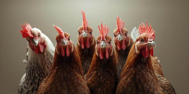 A group of five chickens gaze directly, emphasizing poultry behavior, rural environment