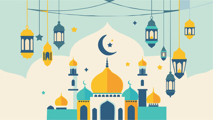 Vibrant mosque scene with hanging lanterns at night © Arief