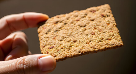 Closeup of a hand holding a crunchy whole grain cracker against a dark background