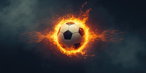 Fototapeta premium Soccer ball on fire with a dark backdrop, illustrating athletic energy and power