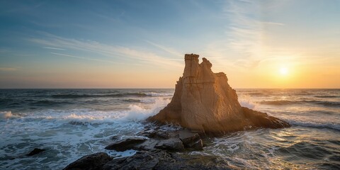 Sunrise and waves crashing on Candlestick rocks at Chuam near Donghae-si, natural shoreline erosion risk during summer travel