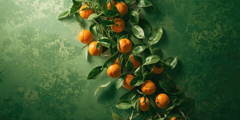 Mandarins and leaves in flight over a green surface, fresh produce display, World Food Day