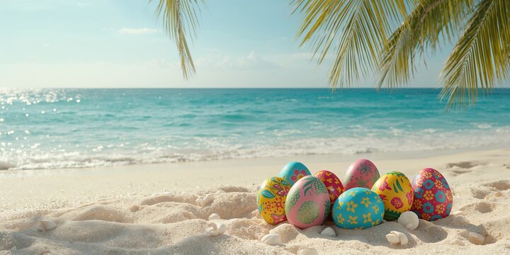 Tropical Easter scene featuring hand-painted eggs along the seashore, holiday decoration on the beach