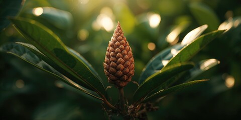 Obraz premium Magnolia seed pod cone amidst lush green leaves, botanical focus on seed dispersal, plant anatomy