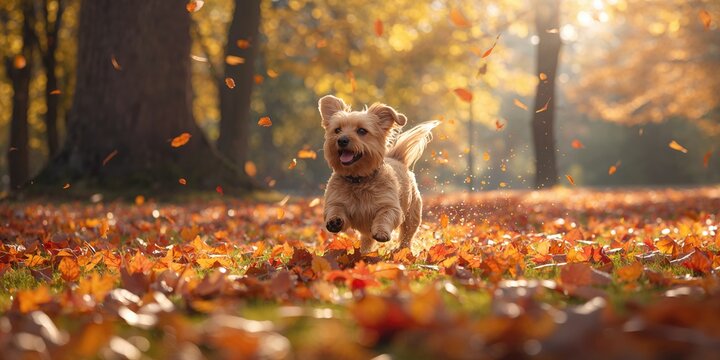 Dog jumping in fall scenery, emphasizing active pet exercise during seasonal transition